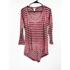 Sundance Mystic Stripe Burn Out Long Sleeve Asymmetric Red Grey Hi-Low Tunic Top